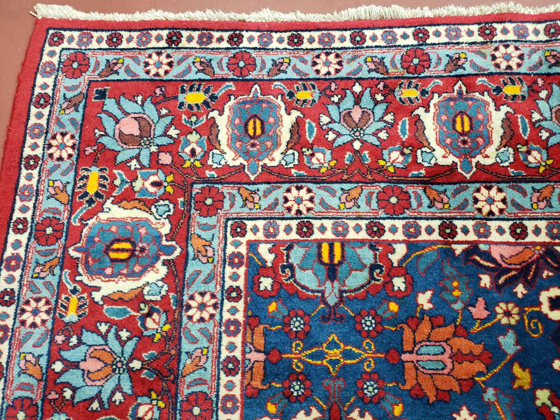 Rare Antique Persian Veramin Carpet, Mina-Khani Pattern, Blue, Red, Ivory, 7x11 ft, Hand-Knotted, Wool - Nuvé