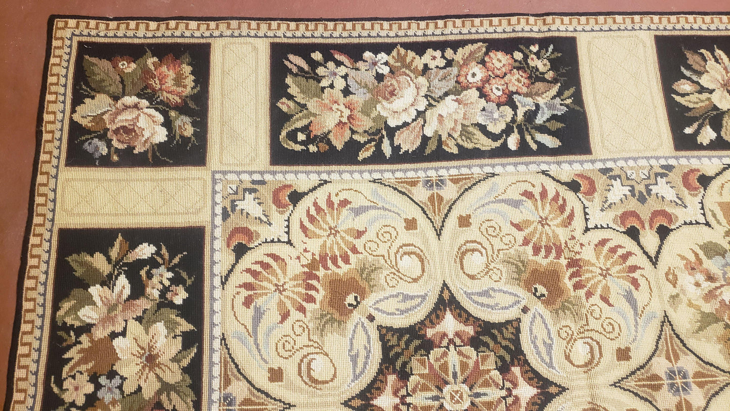 Needlepoint Rug 8x10ft Allover European Design Flowers 100% Wool Hand Knotted Aubusson Area Rug Brand New Flatweave Needle Point Carpet Chic - Nuvé