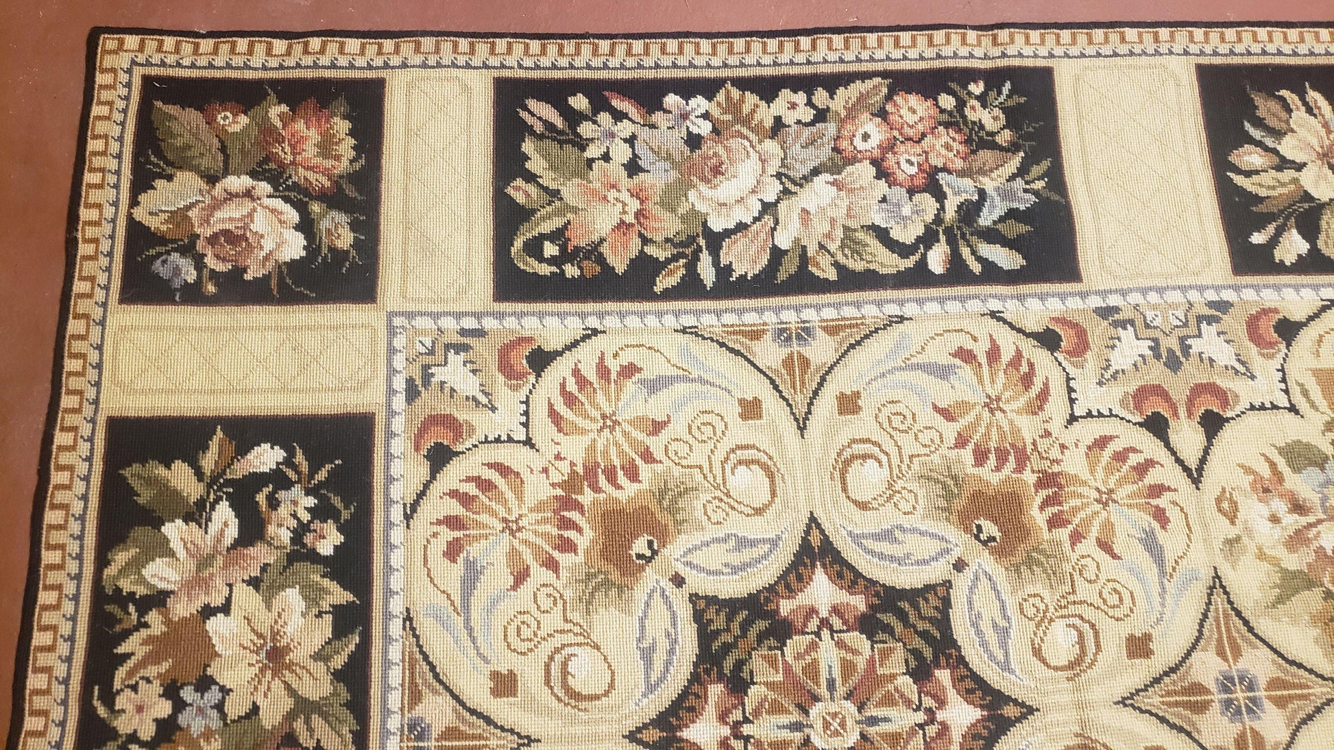 Needlepoint Rug 8x10ft Allover European Design Flowers 100% Wool Hand Knotted Aubusson Area Rug Brand New Flatweave Needle Point Carpet Chic - Nuvé