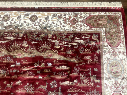 Turkish Silk Rug 8x10, Red & Ivory, Hunting Design, Bamboo Silk, New