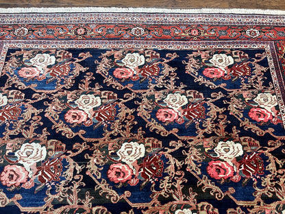 Persian Bidjar Rug 8x11, Floral Bouquets, Blue Black Red Pink, Handmade Hand Knotted Vintage Semi Antique Oriental Carpet - Nuvé