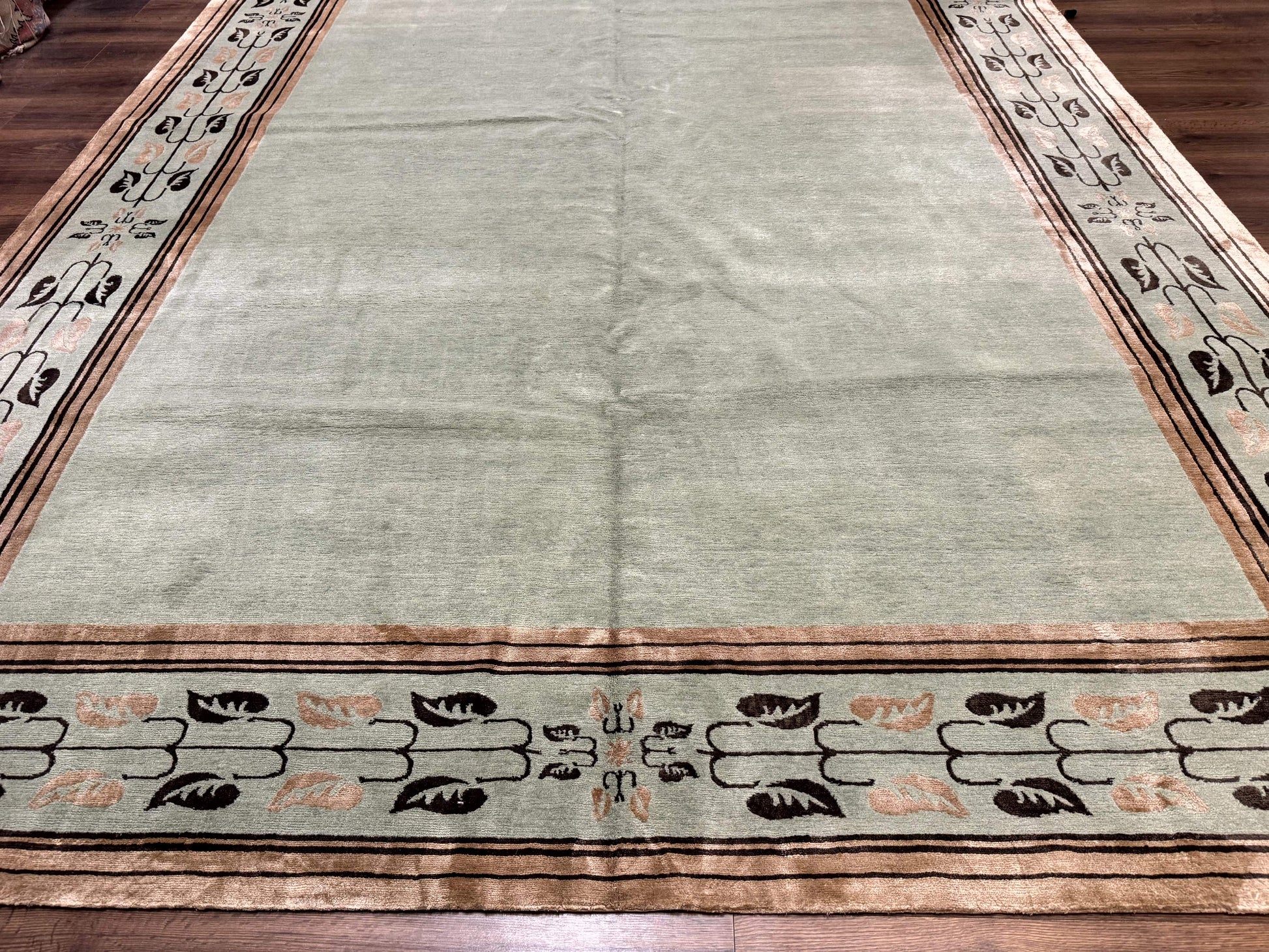 Palace Size Nepali Rug 9x18, Open Field, Light Mint Green, Wool Hand Knotted, Modern Contemporary - Nuvé