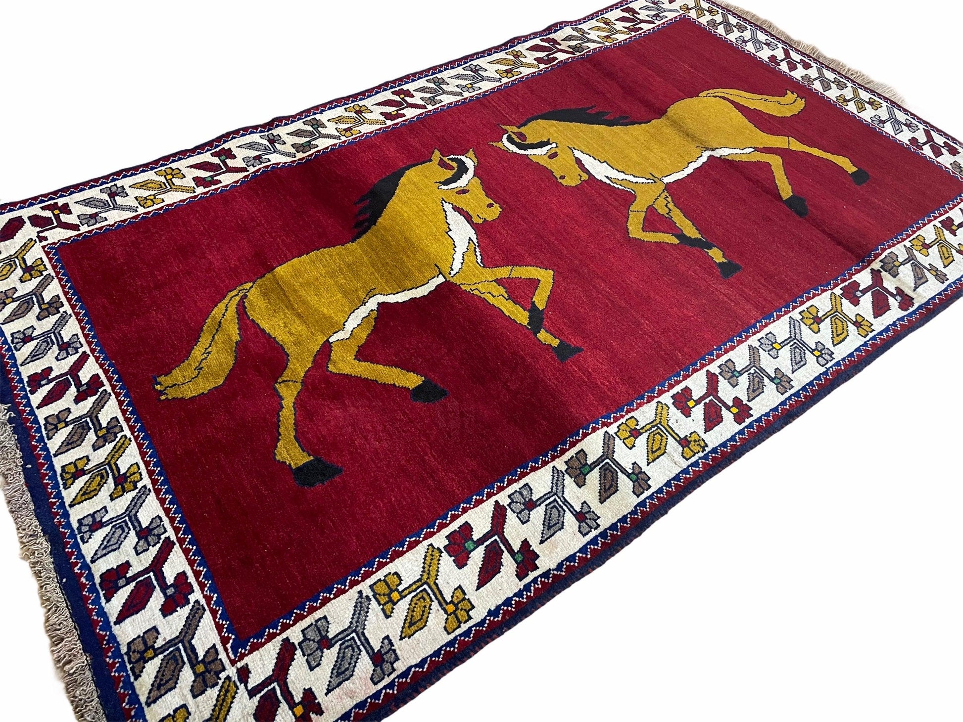 4 X 7 Handmade Hand-Knotted Quality Wool Rug Horses Zagros Red Mustard Gold New - Nuvé