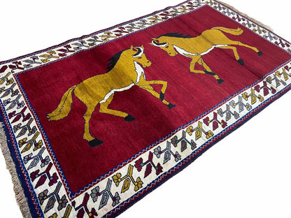 4 X 7 Handmade Hand-Knotted Quality Wool Rug Horses Zagros Red Mustard Gold New - Nuvé