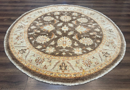 Round Pakistani Rug 6x6, Brown and Beige, Floral, Peshawar Rug, Traditional - Nuvé