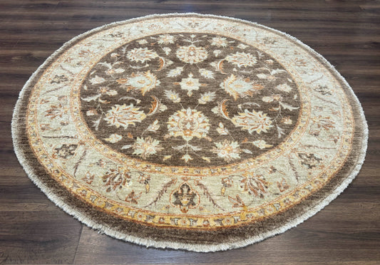 Round Pakistani Rug 6x6, Brown and Beige, Floral, Peshawar Rug, Traditional - Nuvé