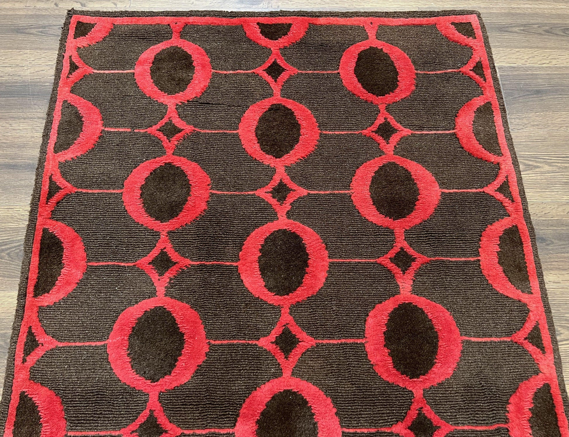 Modern Tibetan Rug 3.8 x 5.7, Raspberry Red and Dark Brown, Abstract Circle Design, Hand Knotted, Soft Wool Handmade Tibet Nepali Carpet 4x6 - Nuvé