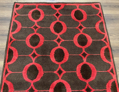 Modern Tibetan Rug 3.8 x 5.7, Raspberry Red and Dark Brown, Abstract Circle Design, Hand Knotted, Soft Wool Handmade Tibet Nepali Carpet 4x6 - Nuvé