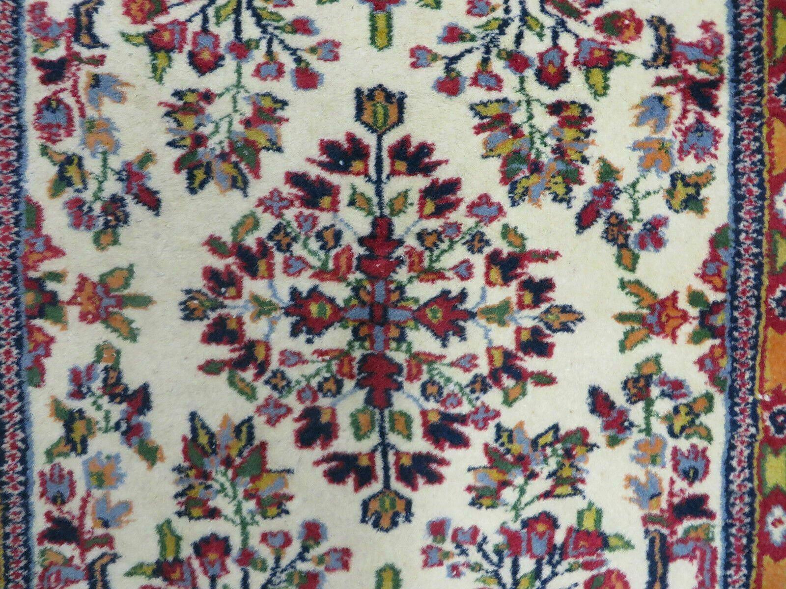 Small Persian Rug 2 x 3, Tiny Persian Sarouk Carpet, Cream Navy Blue Red, Floral Medallion, Vintage Wool Rug, Handmade Hand-Knotted Oriental Rug - Nuvé