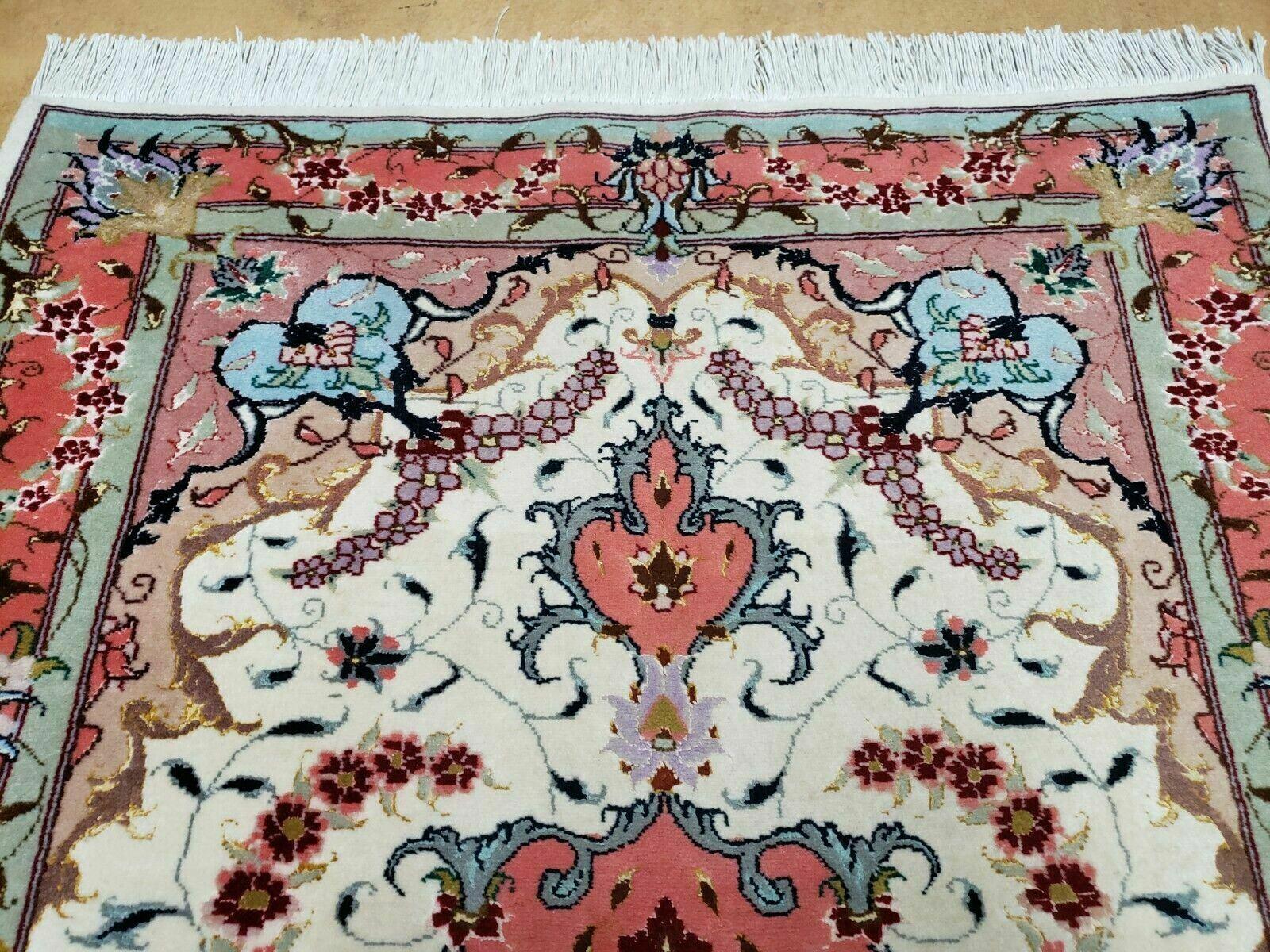 Small Vintage Persian Tabriz Wool and Silk Rug 2.5 x 4 ft, Very Finely Hand Knotted, Medallion, Ivory Salmon Light Blue, Top Quality, Pair A - Nuvé