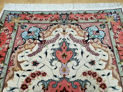 Small Vintage Persian Tabriz Wool and Silk Rug 2.5 x 4 ft, Very Finely Hand Knotted, Medallion, Ivory Salmon Light Blue, Top Quality, Pair A - Nuvé