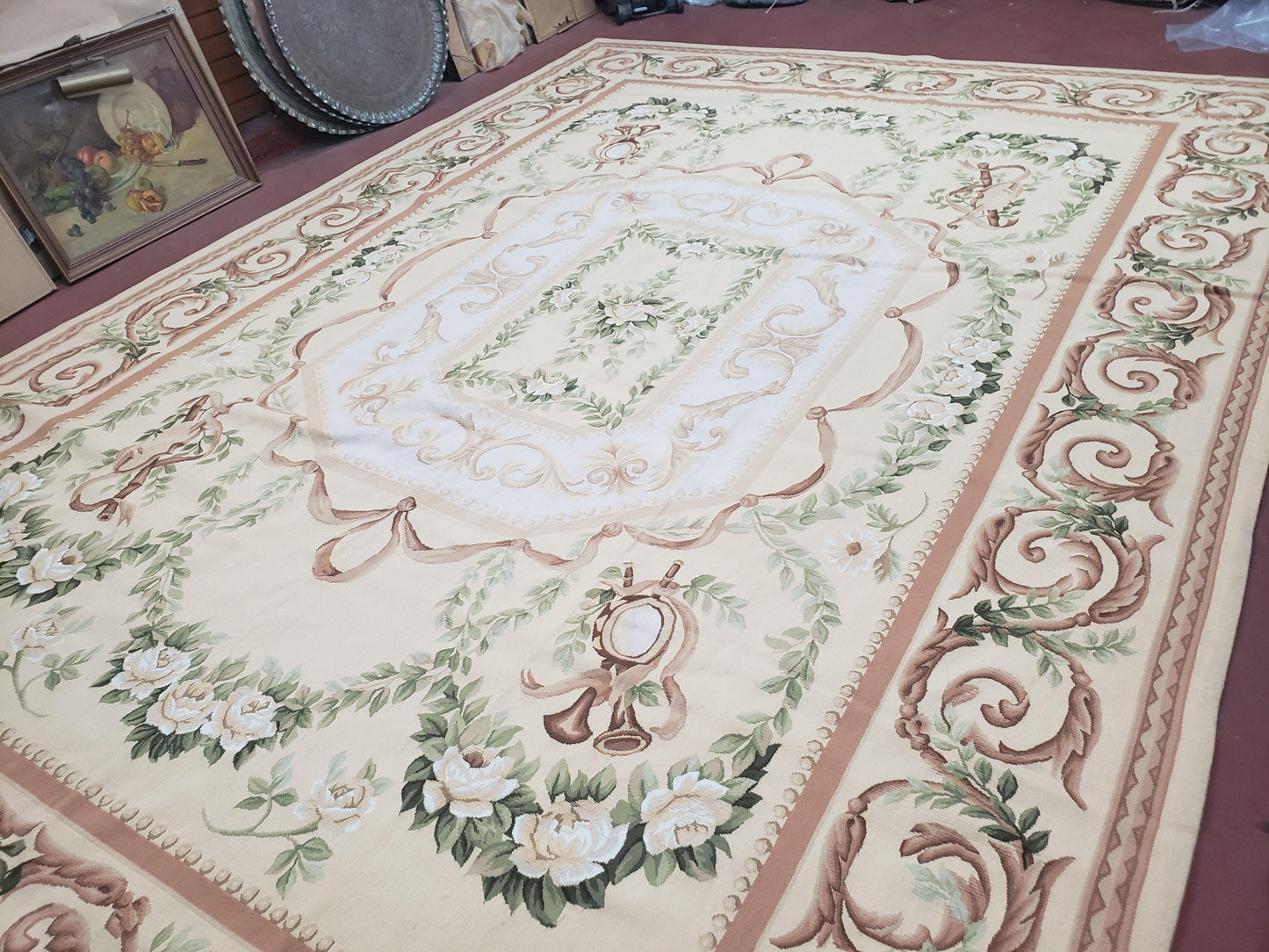 Elegant Aubusson Rug 10 x 14, Cream and Ivory Simple Aubusson Floral Carpet, Hand-Woven, European, New Aubusson Rug, Wool Area Rug, Violins - Nuvé