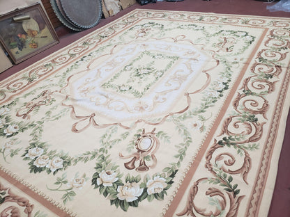 Elegant Aubusson Rug 10 x 14, Cream and Ivory Simple Aubusson Floral Carpet, Hand-Woven, European, New Aubusson Rug, Wool Area Rug, Violins - Nuvé