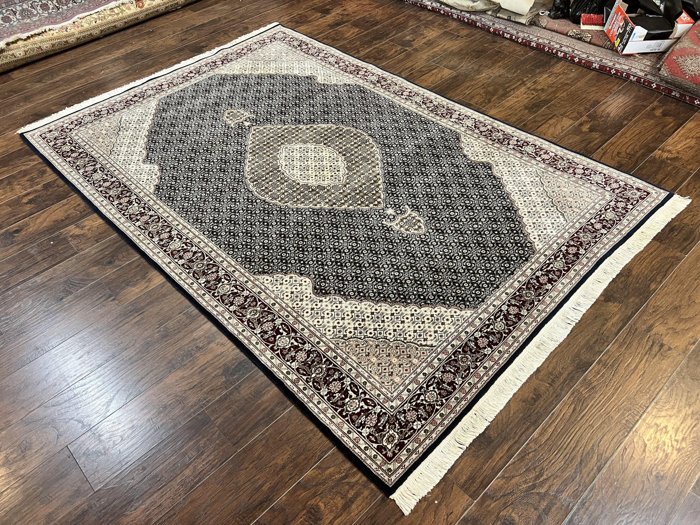 Sino Persian Rug 6x9, Herati Pattern, Vintage Handmade Hand Knotted Wool Oriental Carpet, Fine 6 x 9 Rug, Traditional Rug, Dark Blue Rug - Nuvé