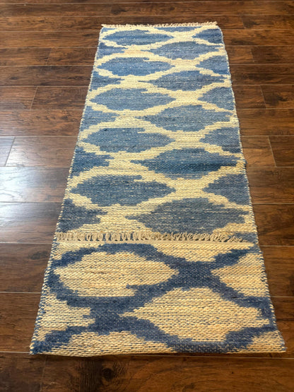 Modern Jute Runner Rug 2.9 x 7.9, Beige and Blue, Handwoven, Kaleen Rug - Nuvé