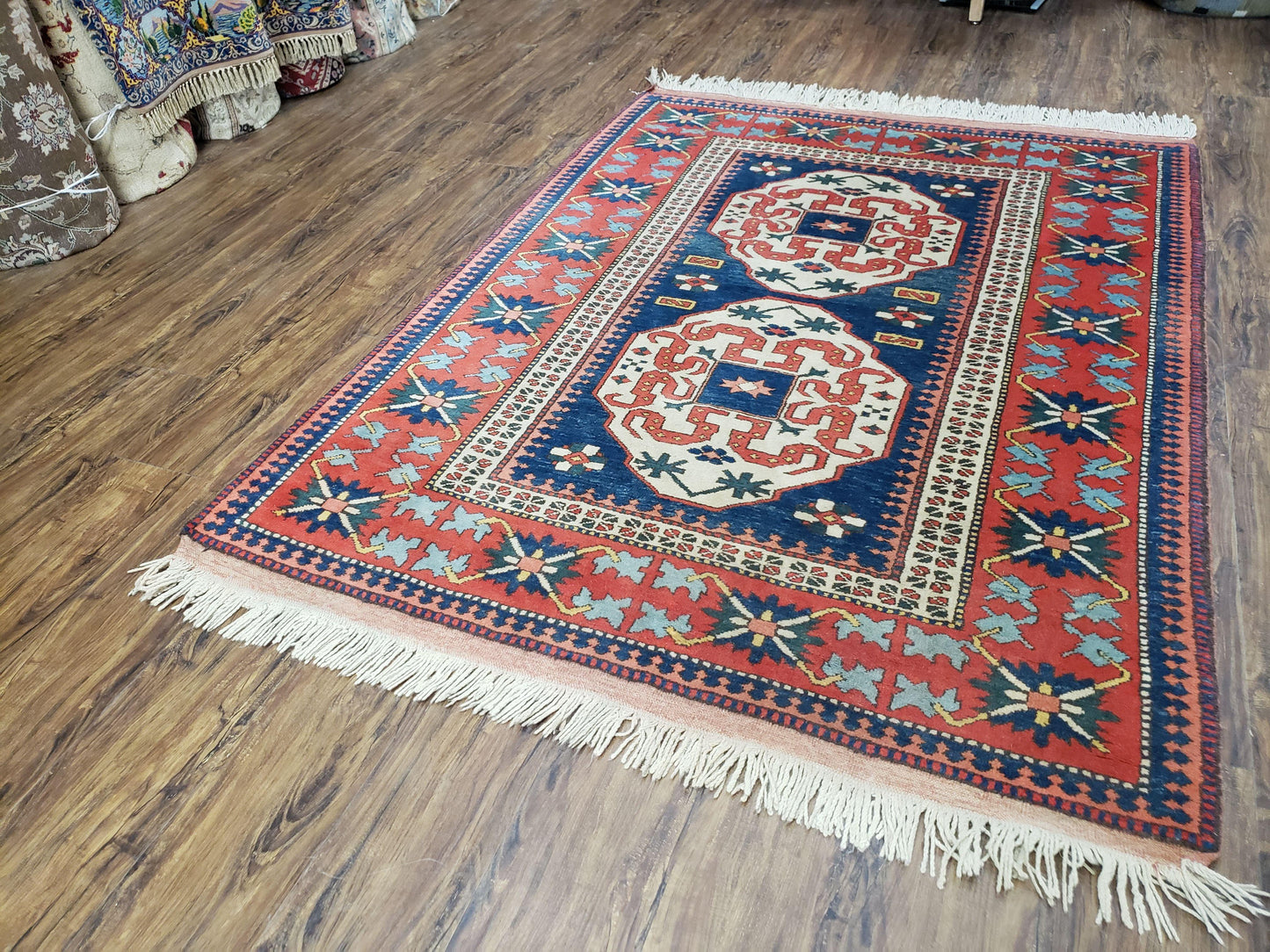 Turkish Kazak Rug 5x6 Vintage Handmade Wool Carpet Geometric Blue Red - Nuvé