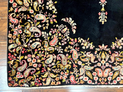 Antique Persian Kirman Rug 5x8, Floral Kirman, Midnight Blue/Black, Semi Open Field, Handmade Vintage Wool Carpet - Nuvé