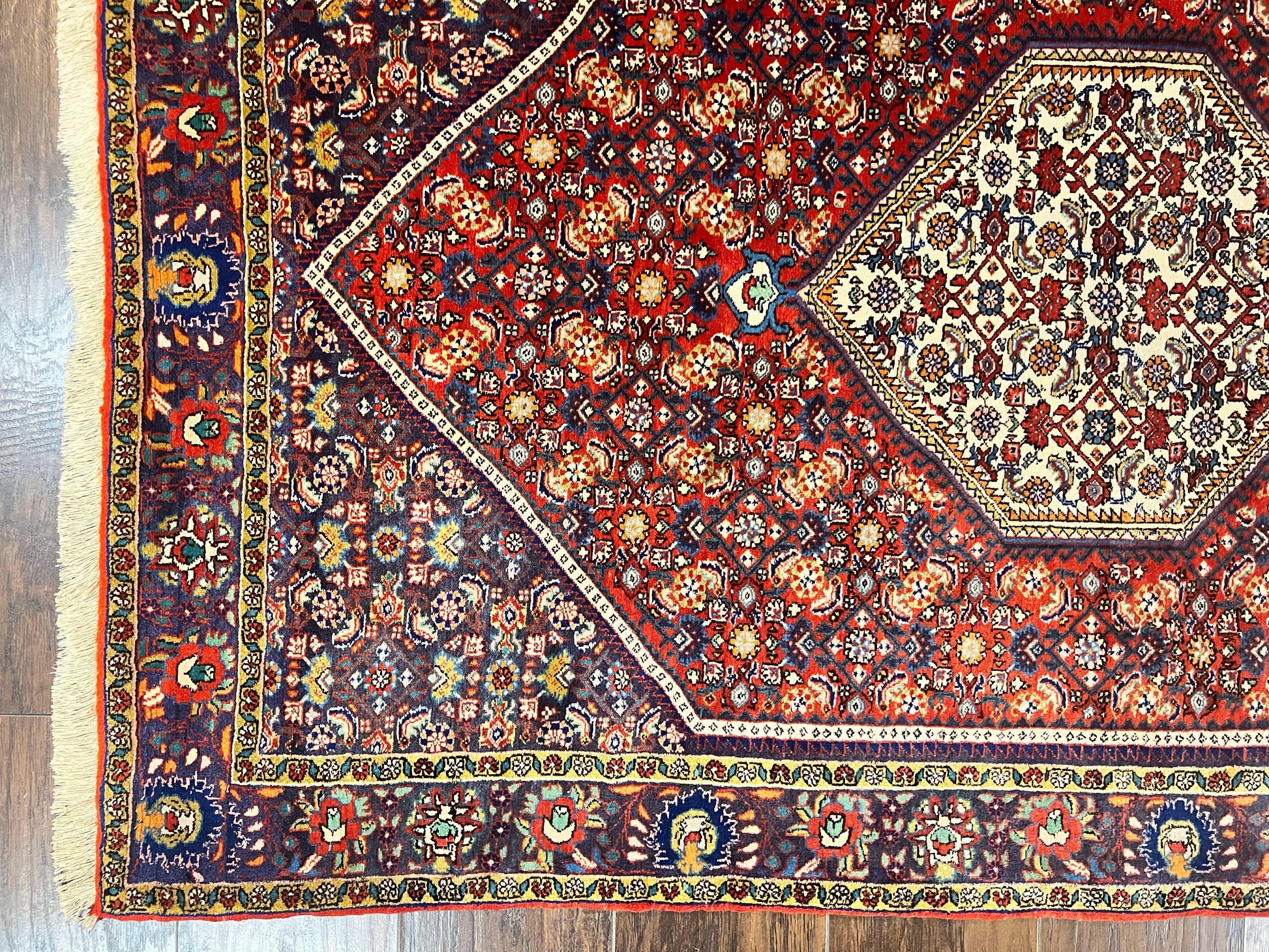 Persian Bidjar Rug 4x6, Handmade Oriental Carpet, Fine Weave, Herati Mahi Pattern, Vintage, Red, 300 KPSI - Nuvé