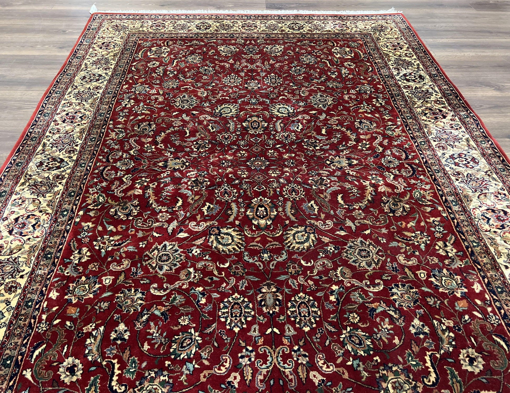 Vintage Indo Persian Rug 6x9, Very Finely Hand-Knotted Carpet 6 x 9 Red Cream Indian Oriental Carpet, Traditional Floral Wool Area Rug 1970s - Nuvé