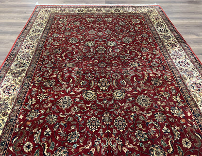 Vintage Indo Persian Rug 6x9, Very Finely Hand-Knotted Carpet 6 x 9 Red Cream Indian Oriental Carpet, Traditional Floral Wool Area Rug 1970s - Nuvé