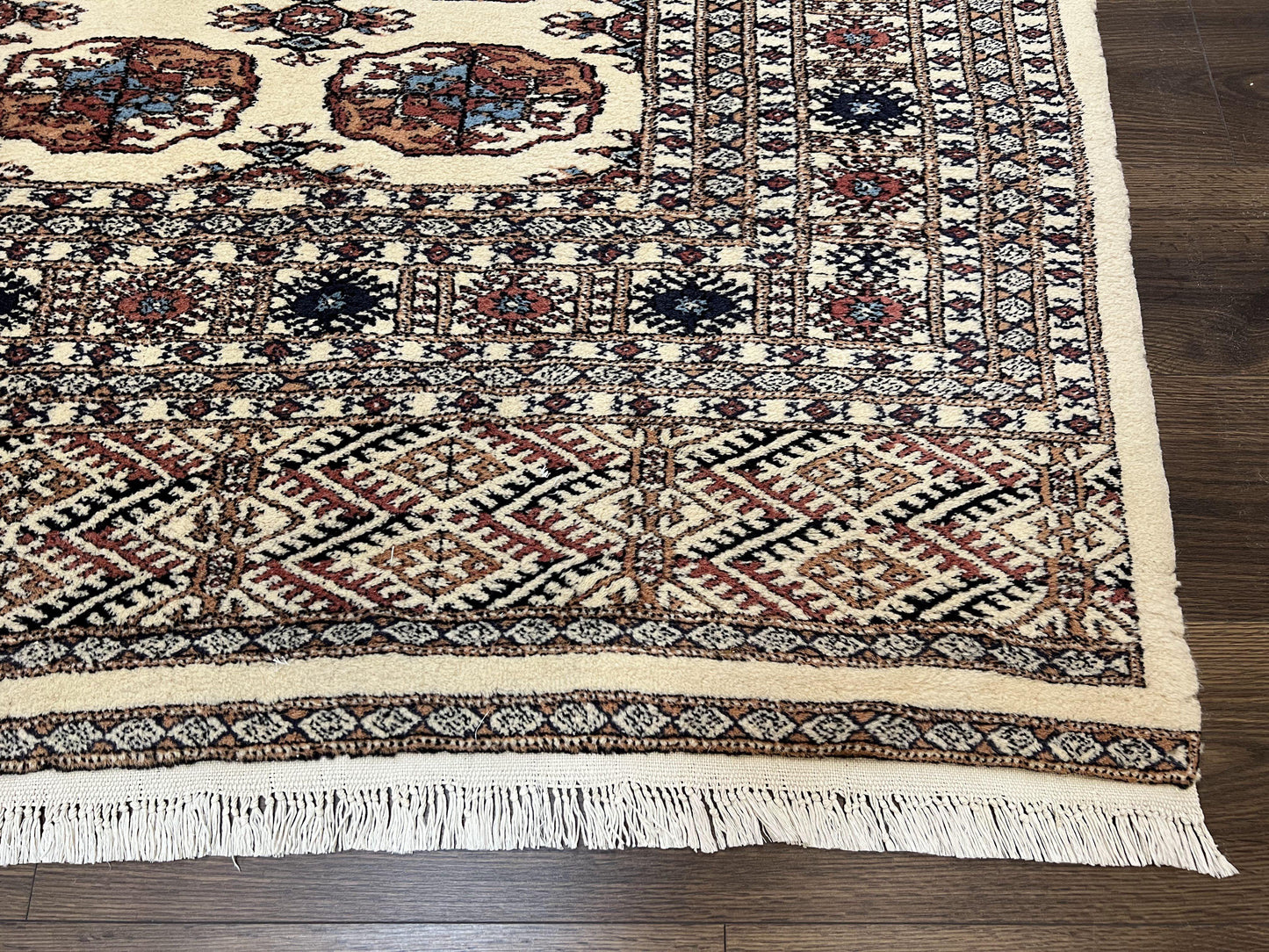 Pakistani Bokhara Rug 8x10, Traditional Turkoman Tribal Carpet, Allover Repeated Elephant Foot Motif, Ivory/Cream Black Red, Vintage Handmade - Nuvé