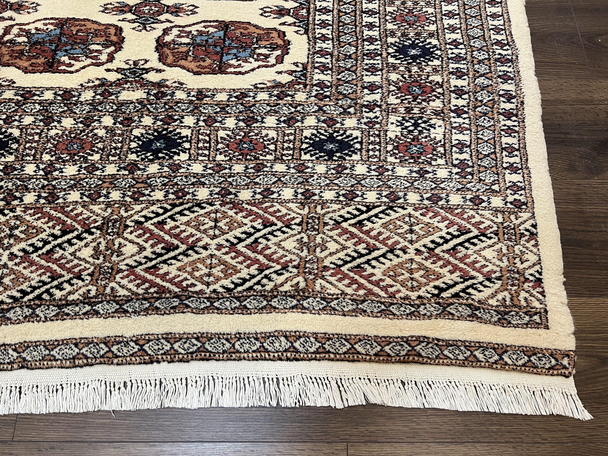 Pakistani Bokhara Rug 8x10, Traditional Turkoman Tribal Carpet, Allover Repeated Elephant Foot Motif, Ivory/Cream Black Red, Vintage Handmade - Nuvé
