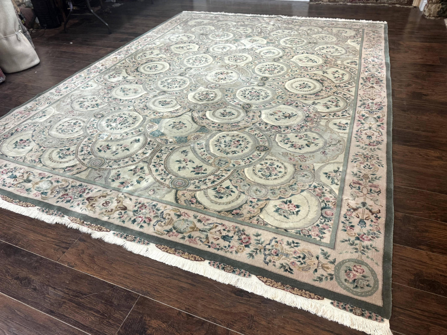 Pak Persian Rug 9x12, Wool with Silk Highlights, European Design, Floral, Green - Nuvé