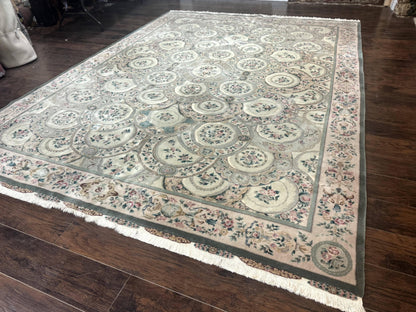 Pak Persian Rug 9x12, Wool with Silk Highlights, European Design, Floral, Green