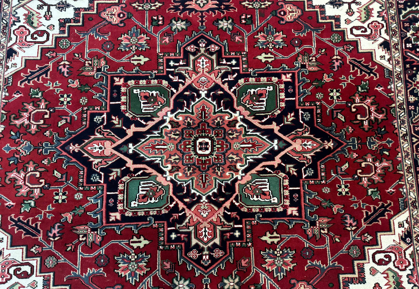 Indo Persian Heriz Rug 8x10, Geometric Medallion, Brick Red Ivory Navy Blue, Room Sized Heriz Carpet, Wool Rug - Nuvé