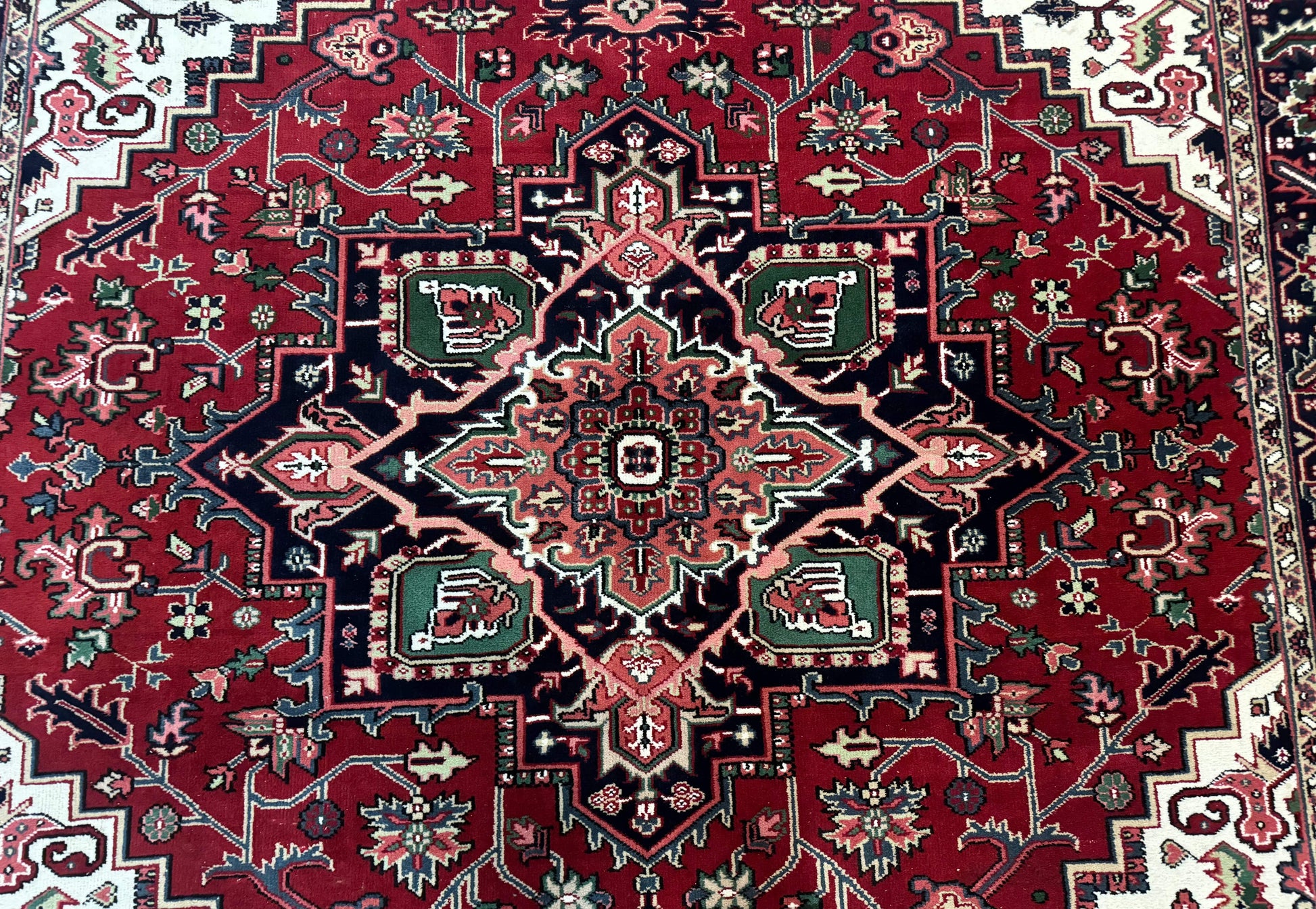 Indo Persian Heriz Rug 8x10, Geometric Medallion, Brick Red Ivory Navy Blue, Room Sized Heriz Carpet, Wool Rug - Nuvé