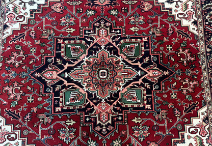 Indo Persian Heriz Rug 8x10, Geometric Medallion, Brick Red Ivory Navy Blue, Room Sized Heriz Carpet, Wool Rug - Nuvé