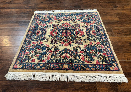 Square Persian Kerman Rug 4x4, Ivory Blue Pink, Handmade, Fine 225 KPSI - Nuvé