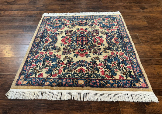 Square Persian Kerman Rug 4x4, Ivory Blue Pink, Handmade, Fine 225 KPSI - Nuvé