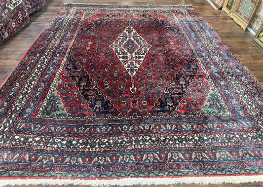 Antique Persian Hamadan Tribal Rug 8x10, Red and Ivory, Medallion Rug, Wool Handmade Carpet - Nuvé