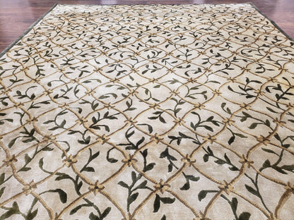 Vintage Tibetan Nepalese Area Rug 9x12, Wool Hand-Knotted, Beige Nepali Soft Pile Carpet, 9 x 12 Living Room Modern Dining Room Rug - Nuvé