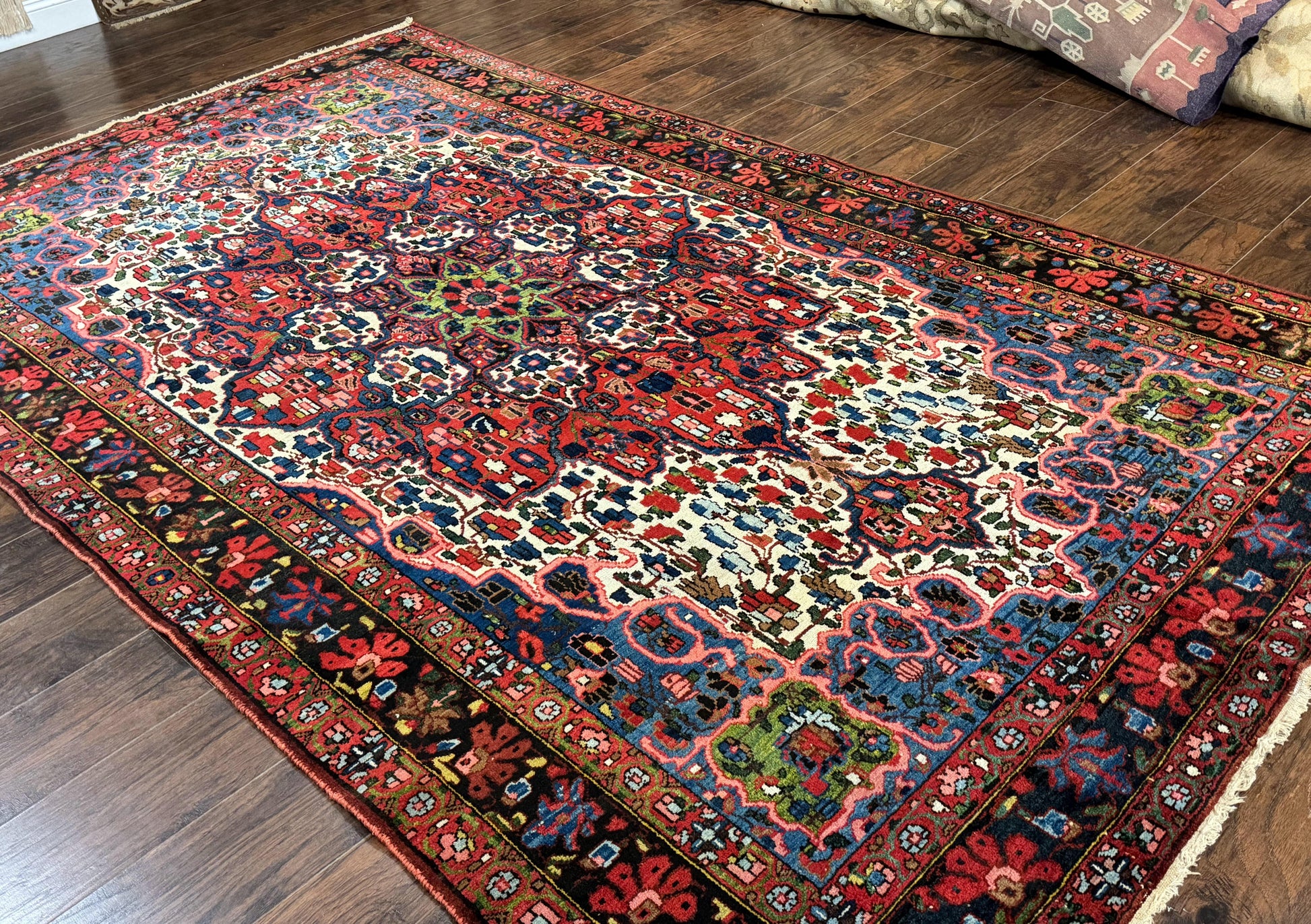Persian Bakhtiari Rug 7x10, Antique Persian Carpet, Colorful, Great Colors, Ivory Red Blue, Rare Tribal Rug - Nuvé