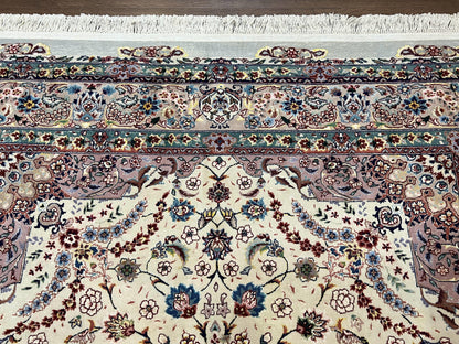 Beautiful Pak Persian Rug 6x9, Floral Medallion, Wool and Silk, Highly Detailed Elegant Carpet, Vintage Oriental Rug 6 x 9, Cream and Gray - Nuvé