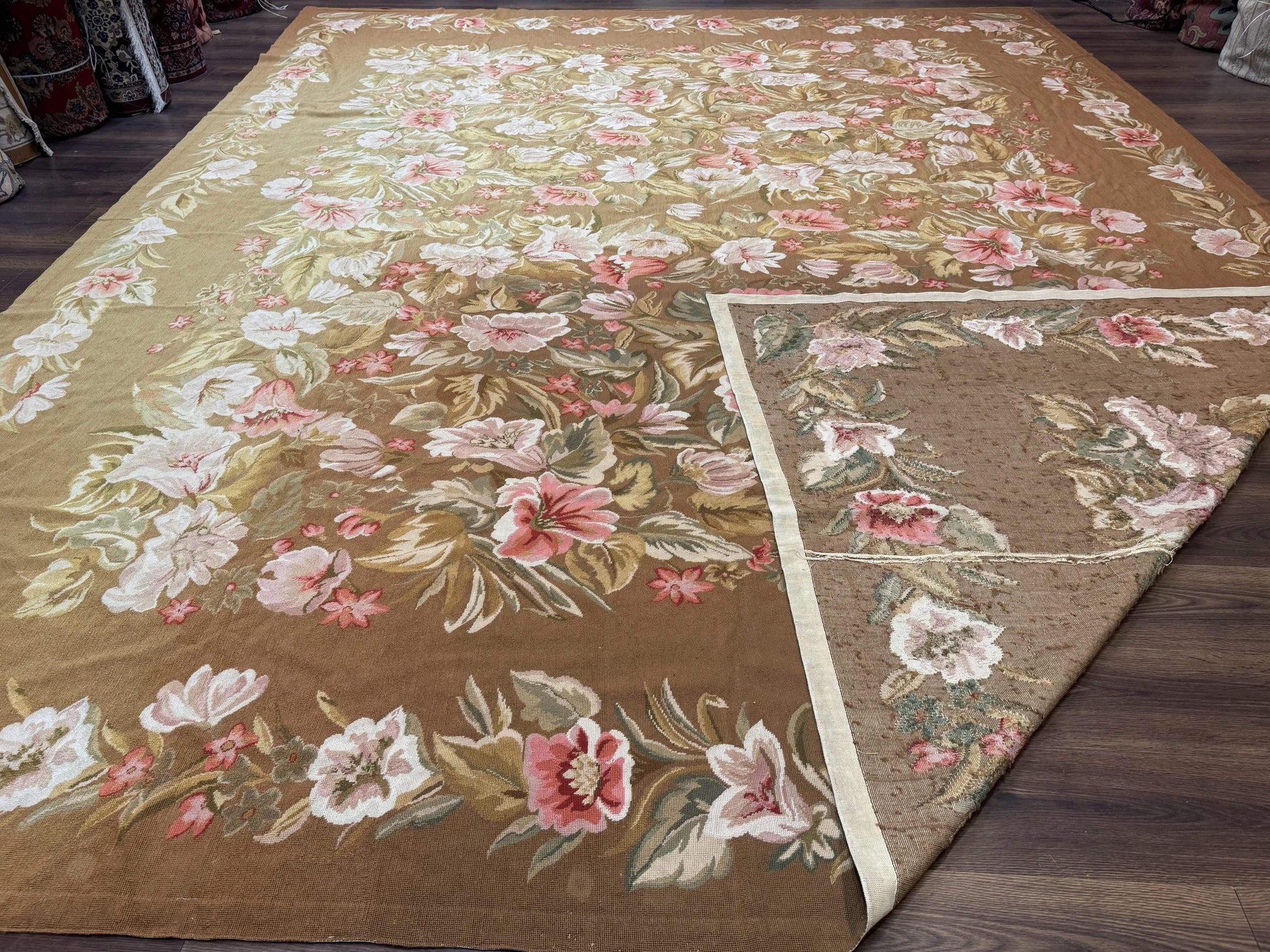 Large Needlepoint Rug 11x14, Vintage Floral Wool Carpet, Caramel - Nuvé