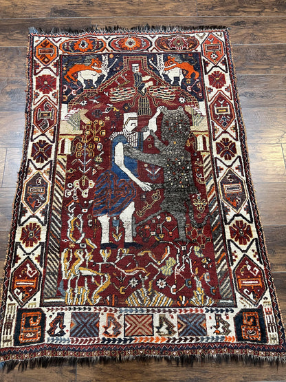 Antique Persian Shiraz Pictorial Rug 3.6 x 5, Persian Tribal Rug, Handmade, Lions, Highly Unique Collectible Small Persian Carpet, Maroon, Wool - Nuvé
