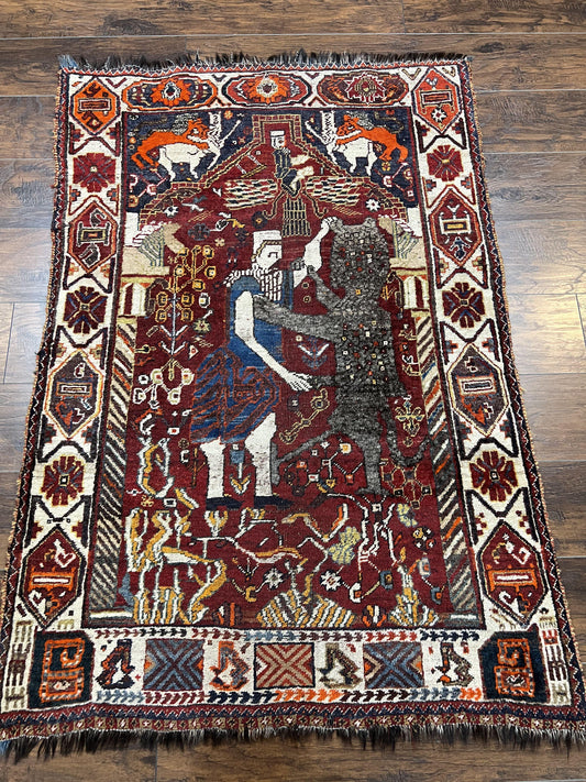 Antique Persian Shiraz Pictorial Rug 3.6 x 5, Persian Tribal Rug, Handmade, Lions, Highly Unique Collectible Small Persian Carpet, Maroon, Wool - Nuvé