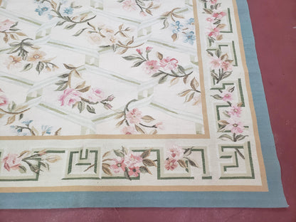 Vintage Aubusson Area Rug, Aubusson Flat weave Carpet, Floral Geometric Pattern, Beige Teal Green, 4x6 Rug, European Design - Nuvé
