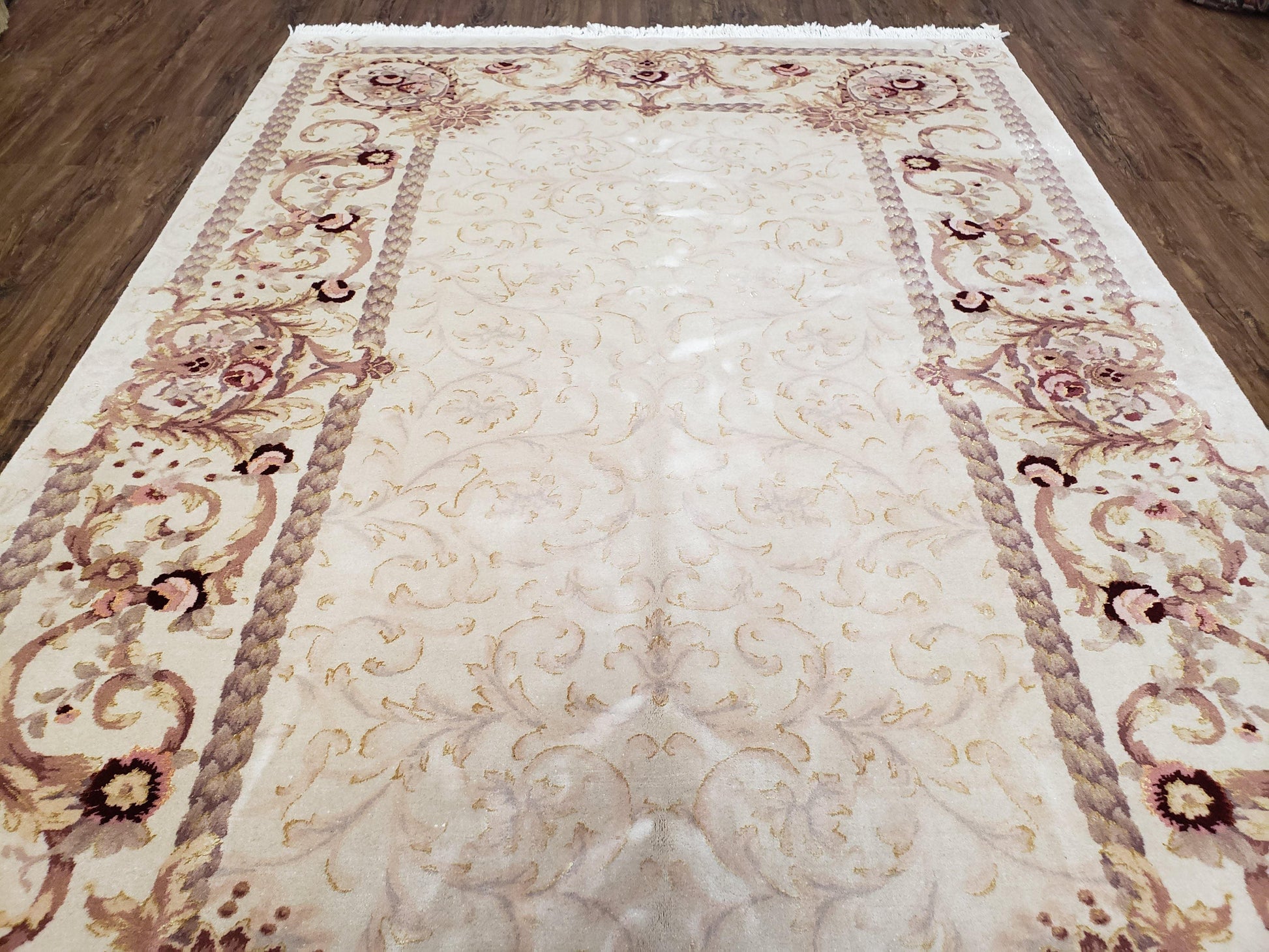 Vintage Ivory Chinese Aubusson Area Rug 6x9, Wool & Silk, Hand-Knotted 120 Line Fine Rug, European Design Carpet, 6 x 9 Master Signature Rug - Nuvé