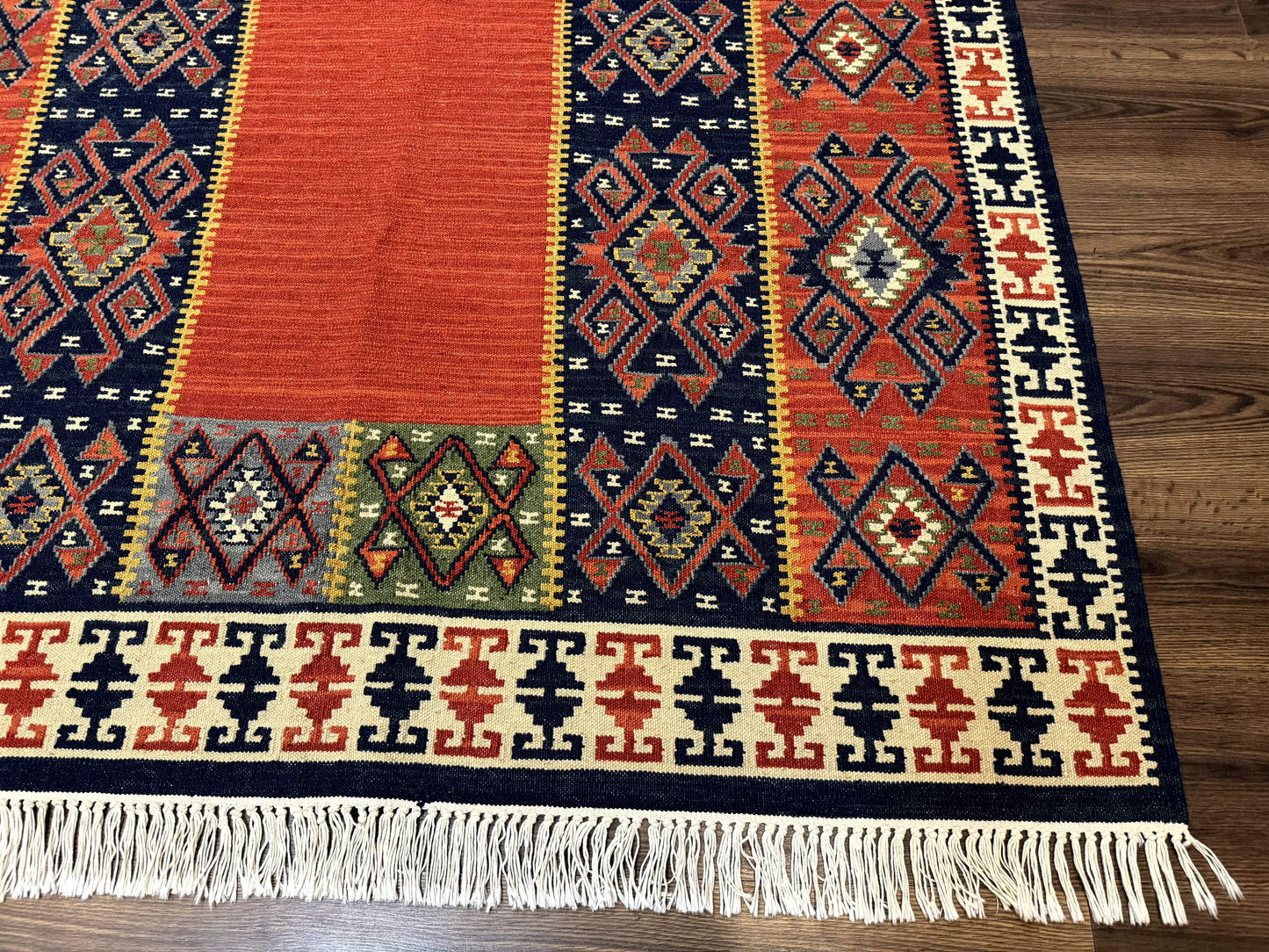 Turkish Kilim Rug 5x8, Flatweave Carpet, Handmade Bohemian Rug, Terracotta and Navy Blue - Nuvé