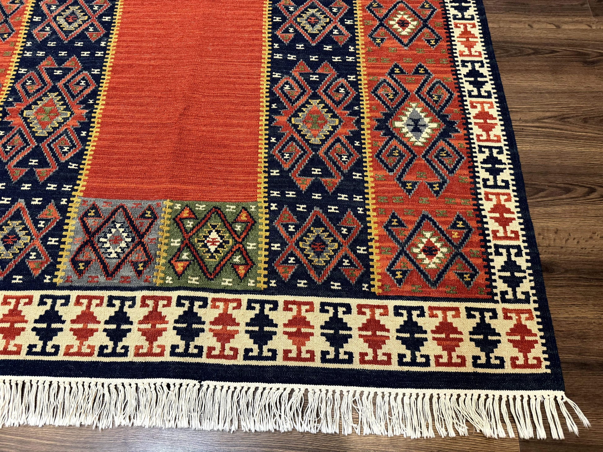 Turkish Kilim Rug 5x8, Flatweave Carpet, Handmade Bohemian Rug, Terracotta and Navy Blue - Nuvé