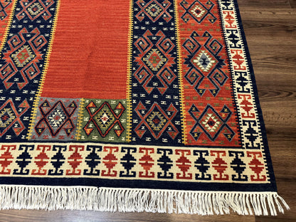 Turkish Kilim Rug 5x8, Flatweave Carpet, Handmade Bohemian Rug, Terracotta and Navy Blue - Nuvé