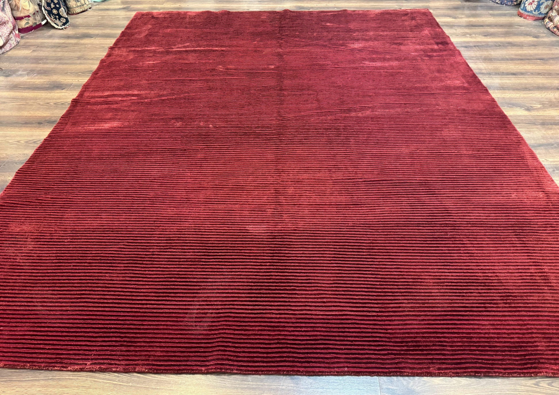 Modern Tibetan Rug 8x10, Red, Stripes, Handmade Wool Thick Pile Carpet - Nuvé