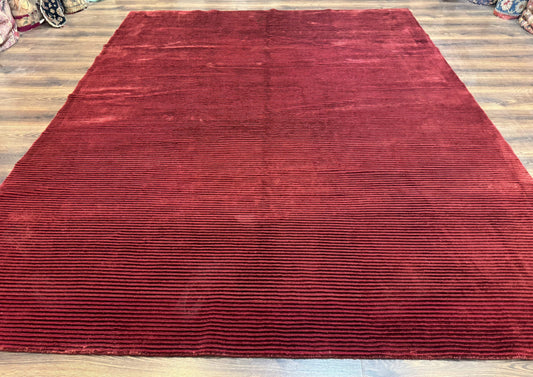 Modern Tibetan Rug 8x10, Red, Stripes, Handmade Wool Thick Pile Carpet - Nuvé