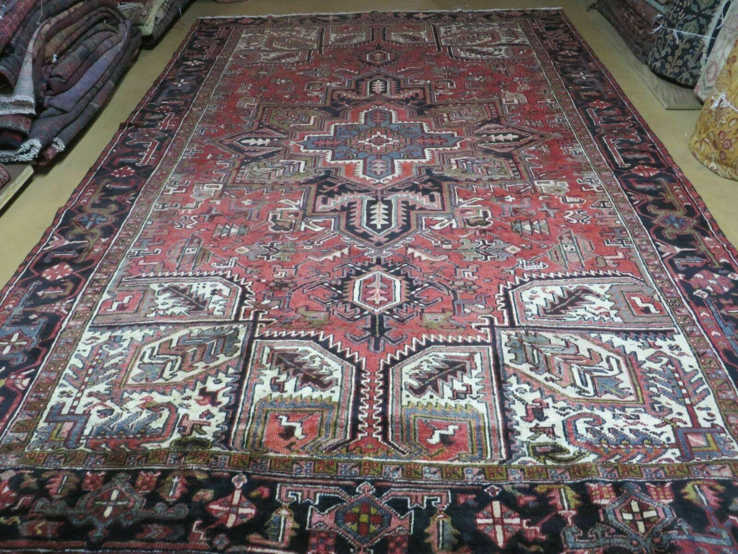 Persian Heriz Rug 8x12 Semi Antique Heriz Carpet, Room Sized Persian Carpet, Geometric Medallion, Wool, Hand Knotted, Red Ivory Dark Blue - Nuvé