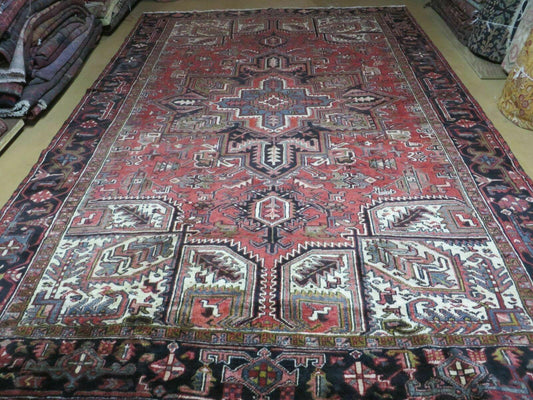 Persian Heriz Rug 8x12 Semi Antique Heriz Carpet, Room Sized Persian Carpet, Geometric Medallion, Wool, Hand Knotted, Red Ivory Dark Blue - Nuvé