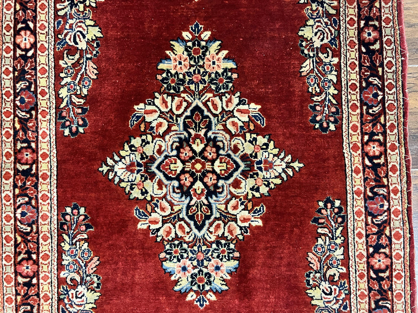 Persian Sarouk Runner Rug 2.7 x 6, Semi Open Field, Red, Handmade Hand Knotted, Wool Oriental Carpet, Vintage Semi Antique - Nuvé